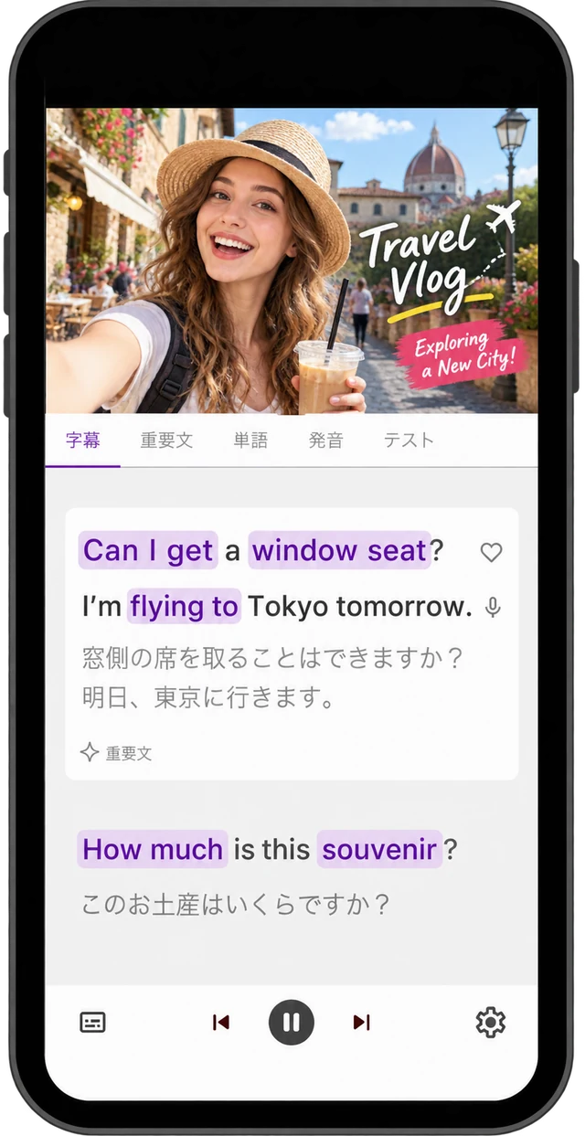 英日字幕が1文ずつ並ぶ練習画面。文ごとにマイクから録音できる。